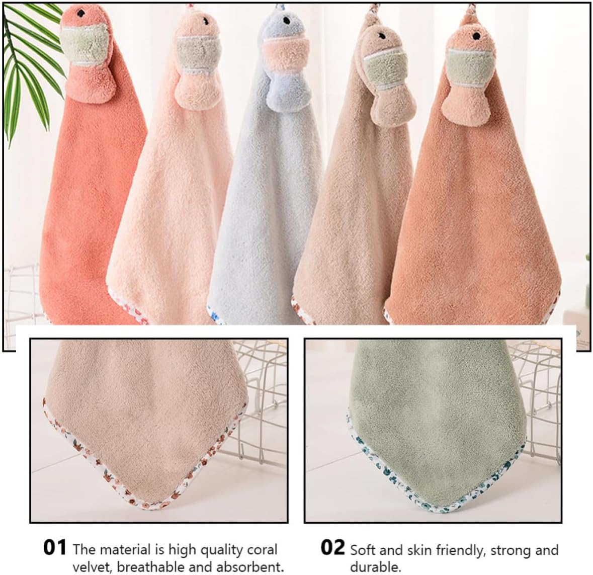 Healifty 4pcs Fish-Shaped Coral Fleece Hanging Hand Towels for Kitchen and Bathroom Skin-Friendly and Convenient Cartoon Washcloths Soft and Absorbent Fingertip Towels for Everyday Use