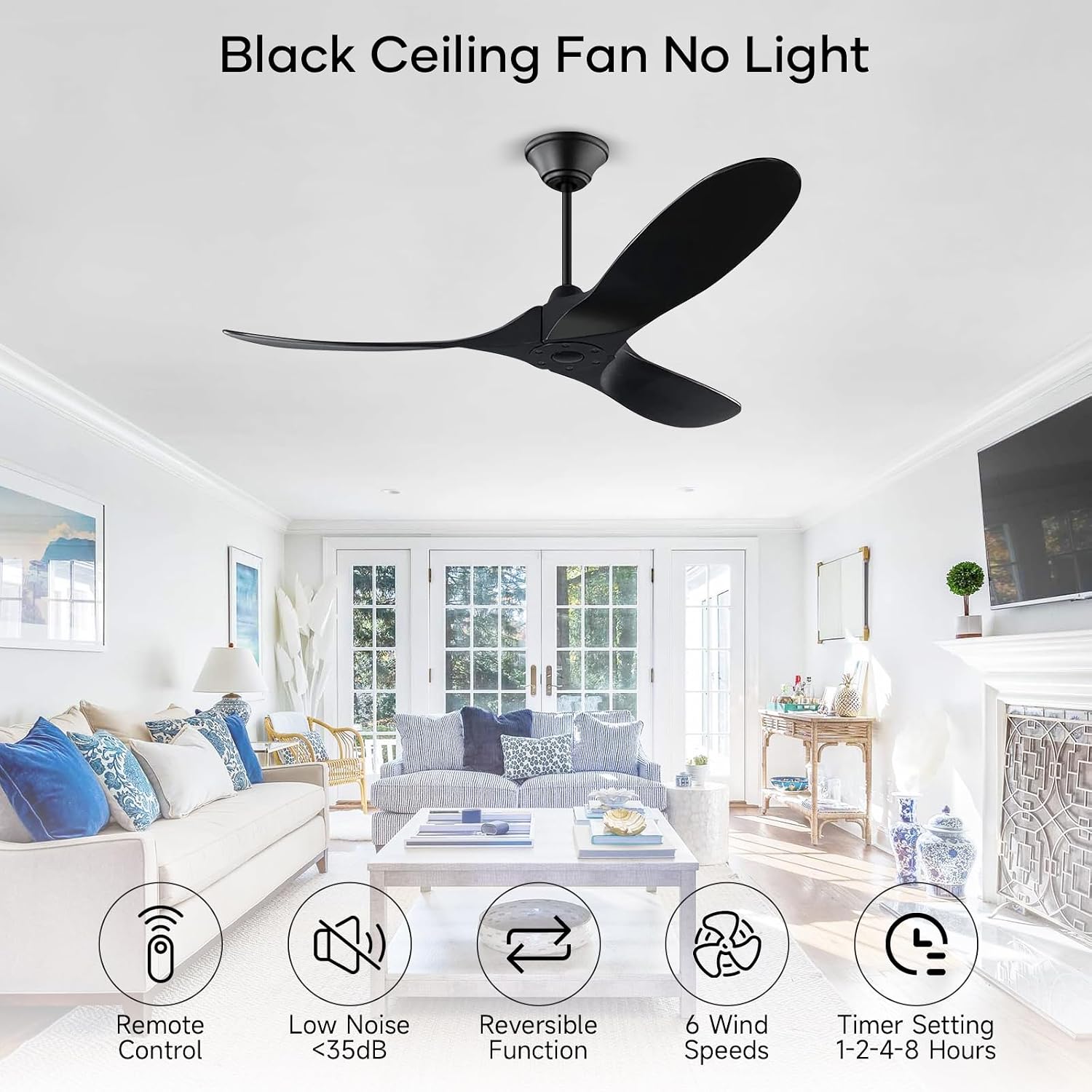 60 Inch Ceiling Fan No Light, Outdoor Ceiling Fans for Patios, 3 Blade Solid Wood Ceiling Fan, Modern Reversible DC Motor Indoor Outdoor Black Ceilings Fan for Exterior House Porch Gazebo