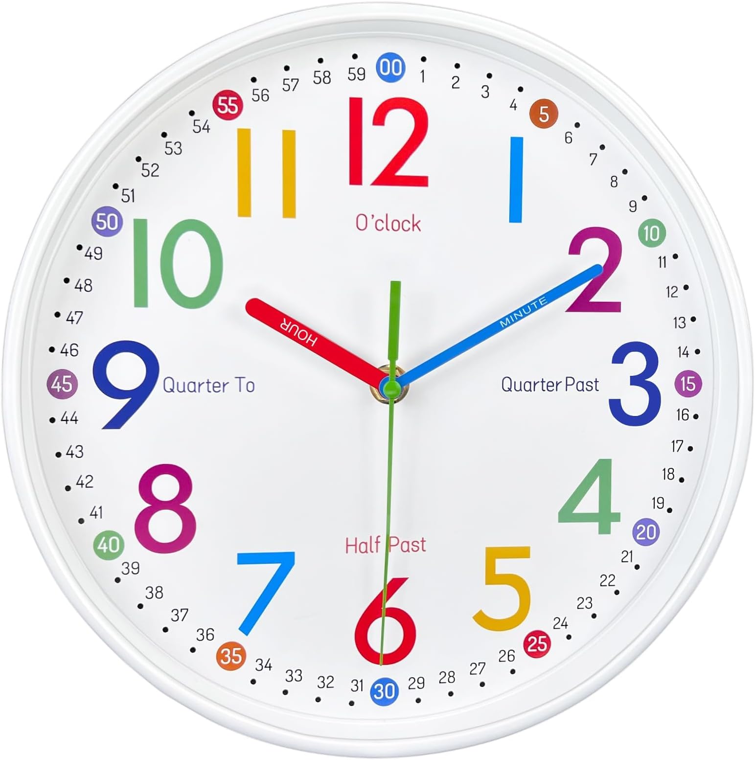 Azonee Learning Clock for Kids, 12 Inch Silent Clock, Colorful Wall Clock for Kids' Bedroom, Helps Kids Easier to Tell Time (White)