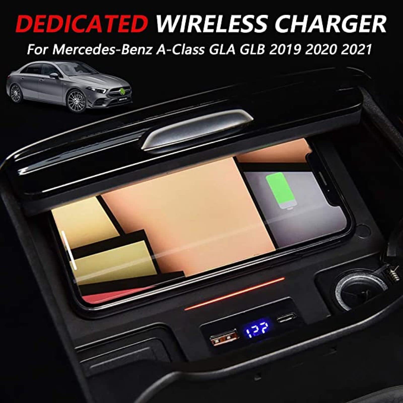 XLARSH Car Wireless Charger, for Mercedes-b-ENZ A-Class GLA GLB 2019 2020 2021 QI Smart Charger with QC3.0 USB and 18W PD Port,15W 3 Coil Fast Cell Phone Wireless Inductive Charging Pad