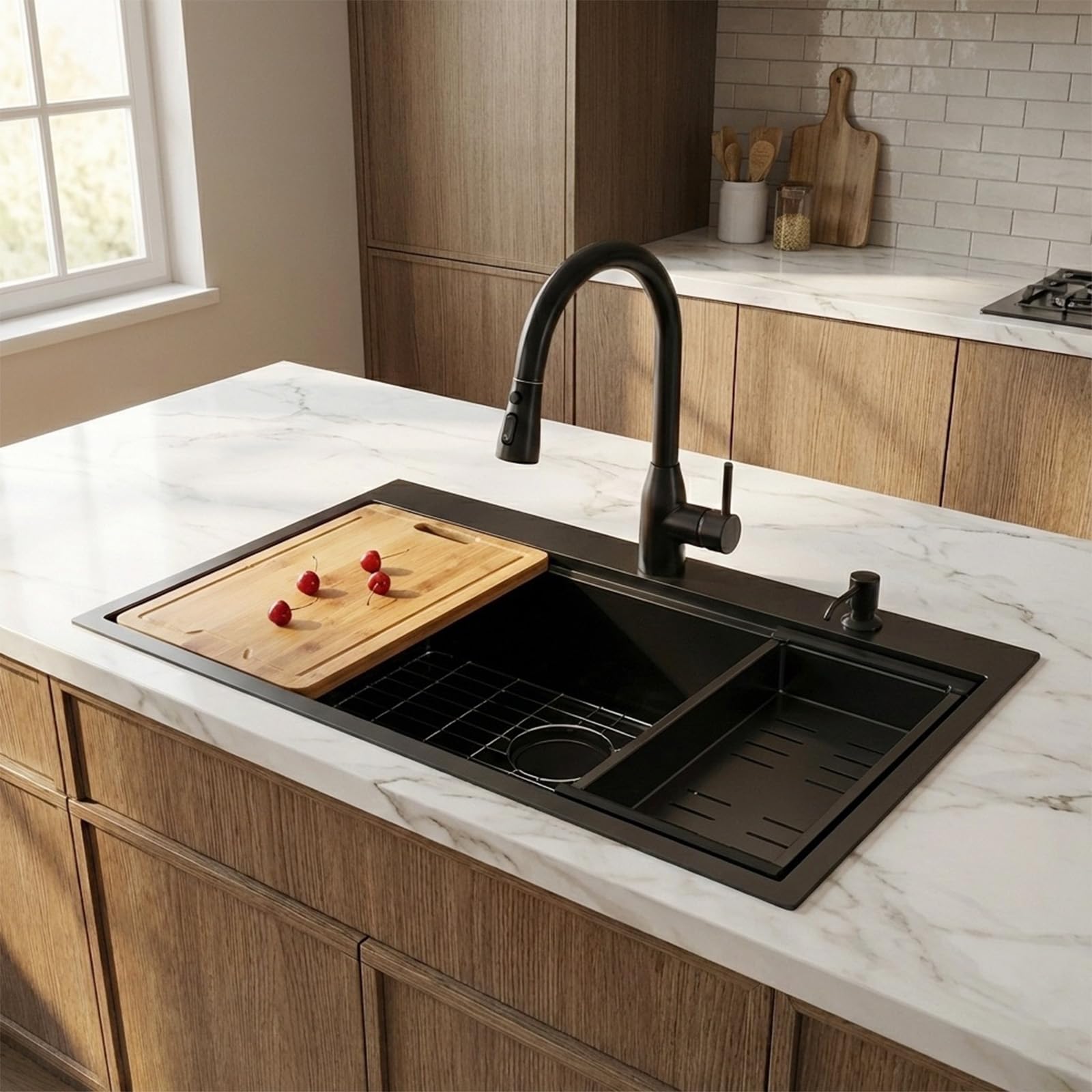 33x22 Drop In Kitchen Sink Black, 33 Inch Gunmetal Black Workstation Stainless Steel 16 Gauge Topmount Single Bowl 9 Deep Sink With Integrated Accessories &amp; Features