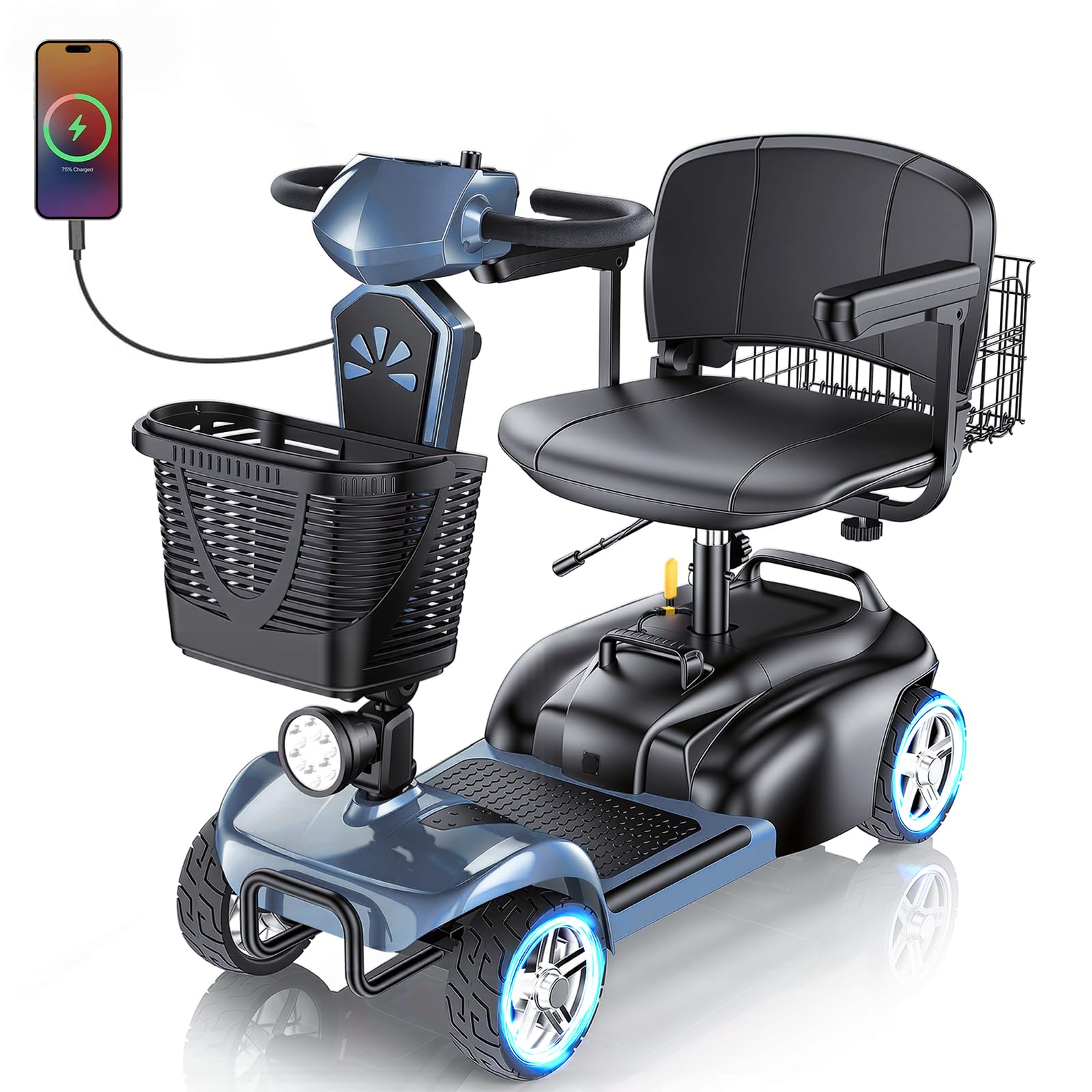 15/25/30/50Miles Eldryvon 4 Wheels Electric Mobility Scooter for Seniors, Dual Basket, 350W Powered Wheelchair with Rotating Seat, Foldable Motorized