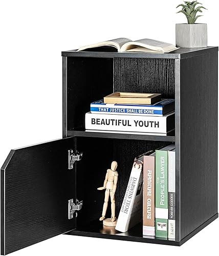 Miniatura 9 de IFANNY Juego de 2 mesitas de noche, mesita de noche de madera con armario de almacenamiento y estante abierto, mesa auxiliar de 2 niveles, mesas