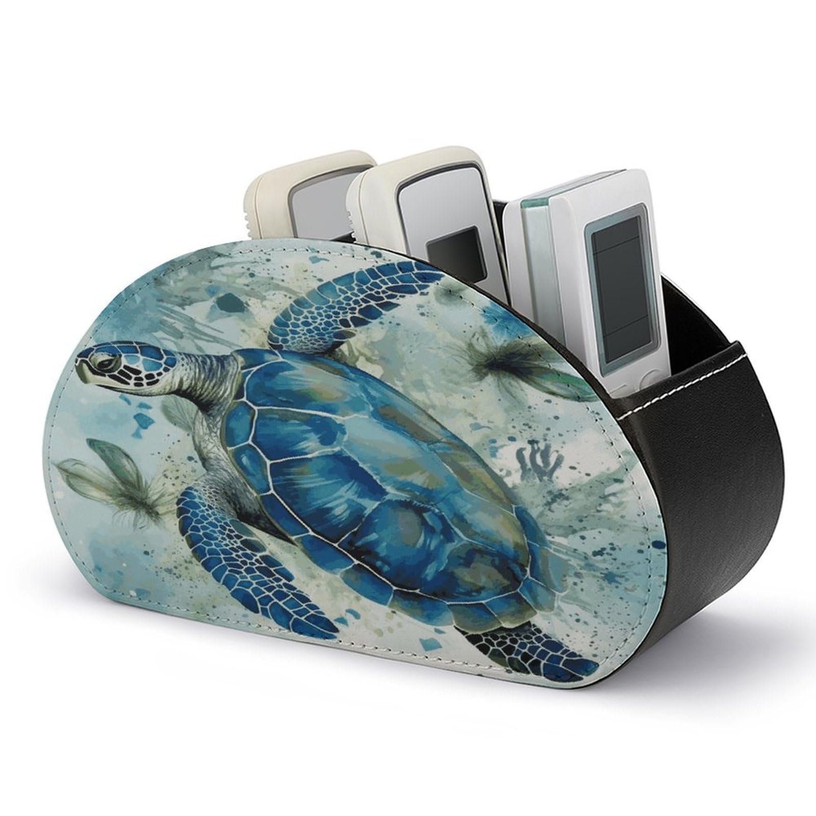 LDGSUPH Sea Turtle-Blue Remote Control Holder with 5 Compartments PU Leather TV Remote Caddy Storage Box Multi-functional Desk Storage Organizer Box Anti-slip Desktop Caddy