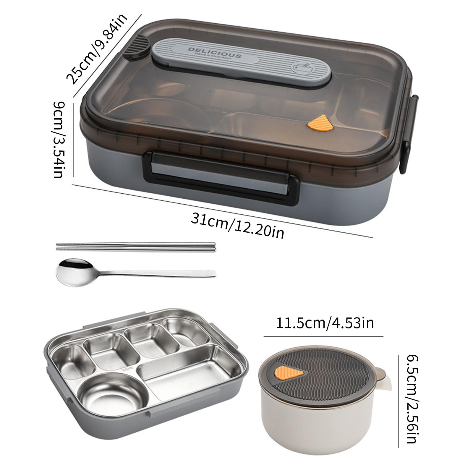 Lonchera térmica de gran capacidad con cuenco de sopa y cubiertos, 6 compartimentos, acero inoxidable, doble capa, contenedor de alimentos