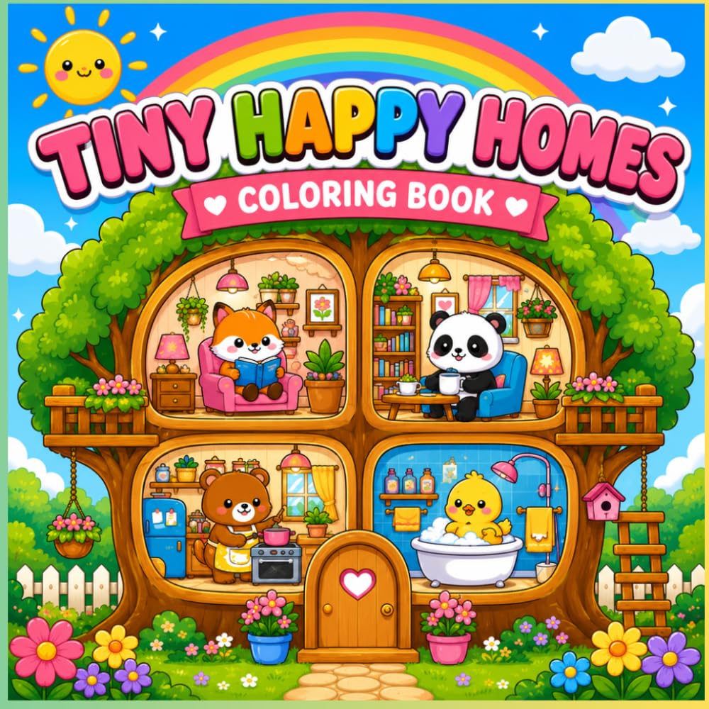 Tiny Happy Homes Coloring Book: Cute Animal Treehouses, Cozy Rooms, Kawaii Dollhouses, Garden Homes and Fun Coloring Pages for Kids