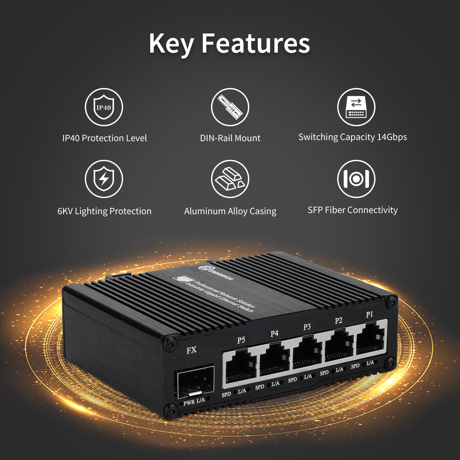 ENIANHUA 6 Port Unmanaged Ethernet Network Switch with 5* 10/100/1000 Base-T Ports, 1*1000Base-X SFP Port, 14Gbps Switching Capacity, Plug and Play, Din Rail Mount or Wall Mounts, Support 110~220V AC