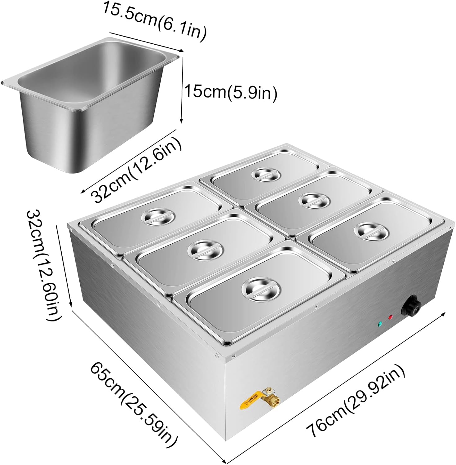 110 V 6-Pan Commercial Food Warmer 1.5 KW Electric Counter-top Steam Table 15 cm / 6 inch Deep Stainless Steel Buffet Large Capacity 7 Quart, Silver: Industrial & Scientific