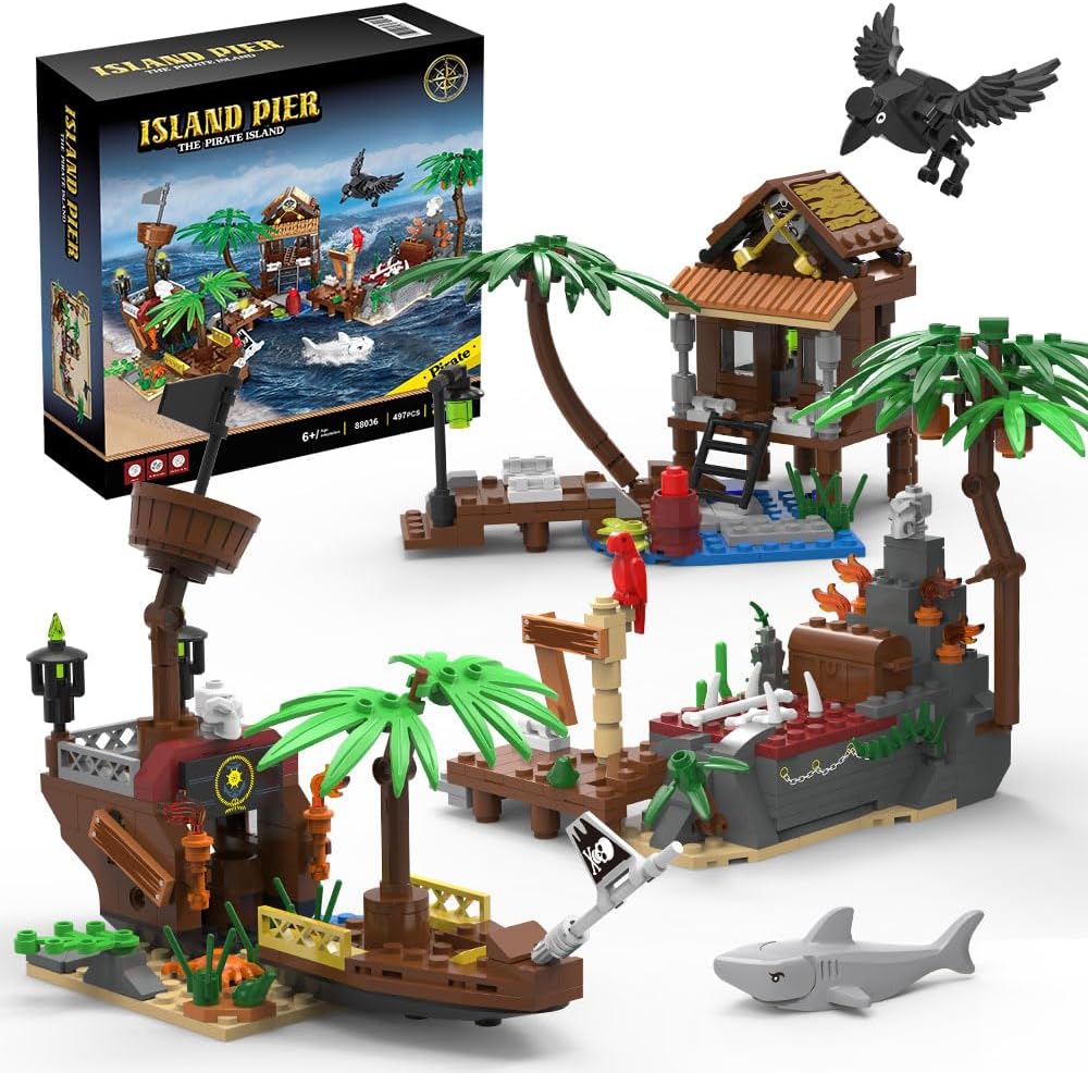 MesiondyPirate Ship Building Brick Toy Set - 497pcs, Shoal Island, Pirate Repair Port, with Sharks, Crow, Sunken Treasure for 7-9year boy
