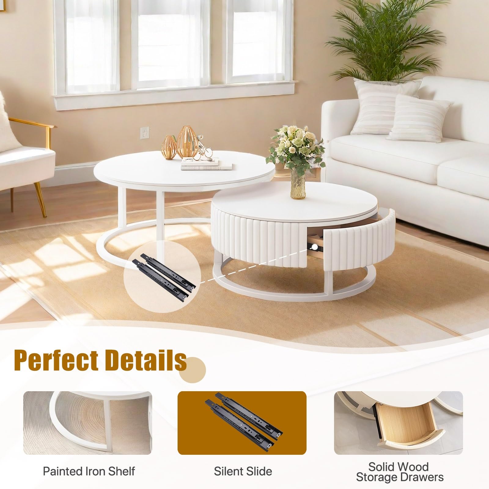 Moderne Salontafel Ronde Salontafel 50 70cm Nesting Tafels Set Van 2 Witte Center Tafels Voor Woonkamer Marmeren Theetafels Met Laden Bijzettafel Met Metalen Poten Voor Slaapkamer Kantoor