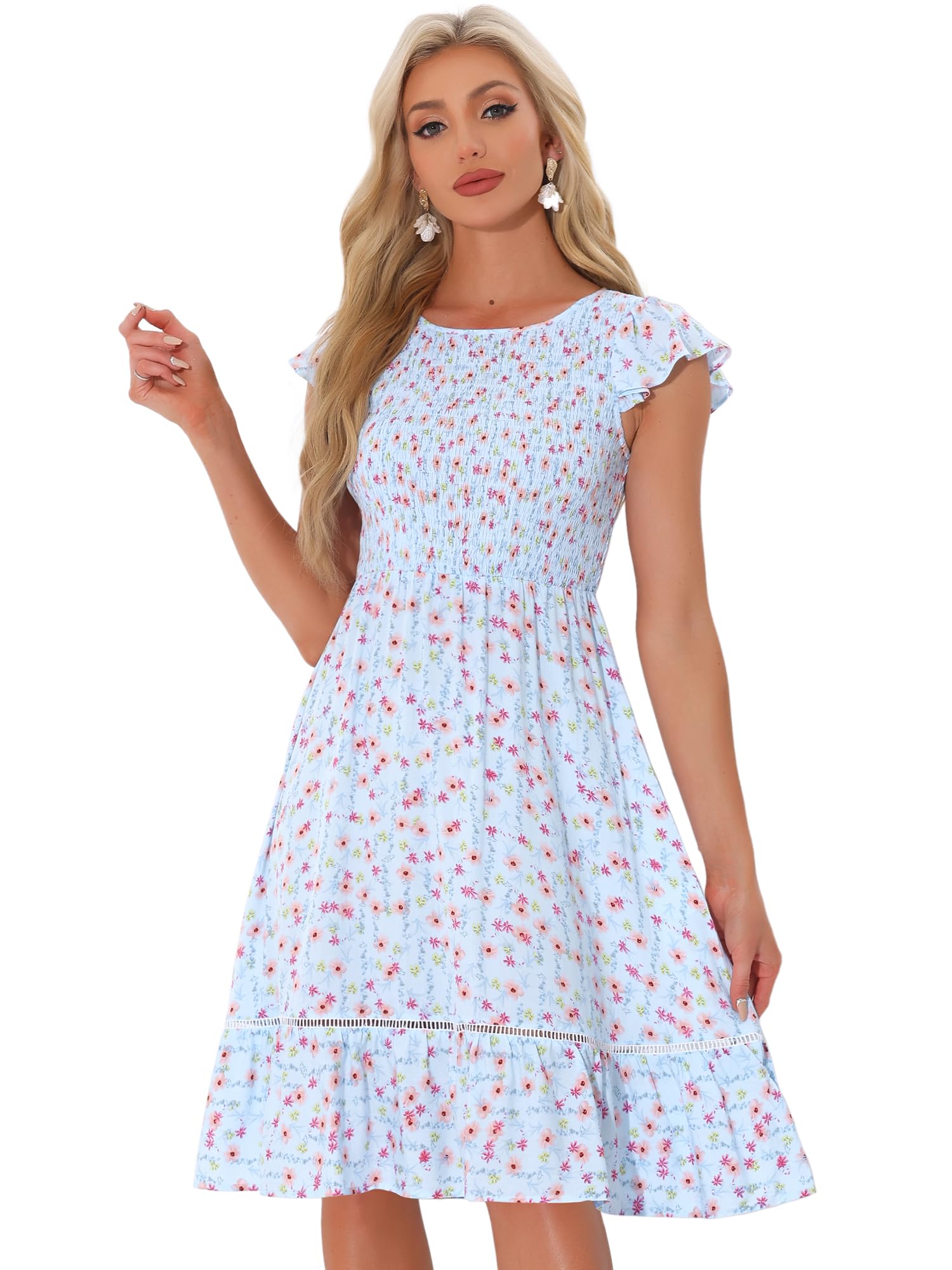 Allegra K Vestido Vintage Floral para Mujer Acampanado Midi de Manga Corta De Verano con Fruncido Cintura Alta Cuello Redondo Vestido de Fiesta
