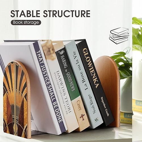 Miniatura 7 de Sujetalibros de madera, 2 unidades, estilo Art Nouveau vintage, resistente, con extremos antideslizantes para libros de oficina, con base de metal,