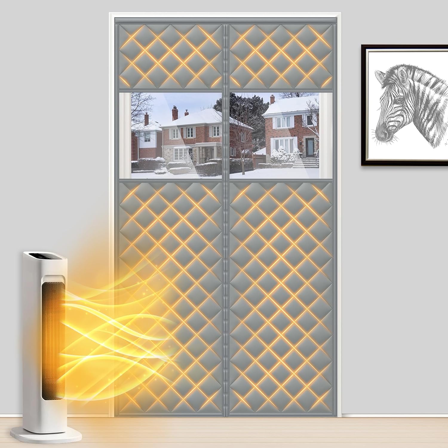 MAGZO Magnetic Thermal Insulated Door Curtain with Perspective Window, 60" x 80", Made of Oxford&Cotton, Screen Insulation Cover Blanket for Winter/Commercial Double Doors, Keep Cold Out, Grey