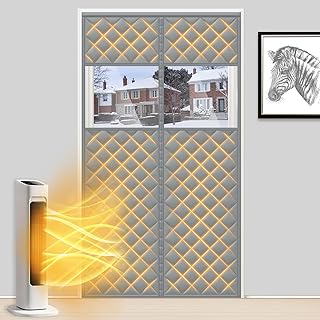 MAGZO Sliding Glass Door Insulation Curtain for Winter with Perspective Window, 72'' x 80'', Made of Oxford&Cotton, Patio Door Insulation Kit Cover Blanket for French Attic Doors, Strong Magnets, Grey