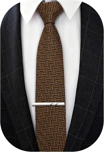 Barry.Wang Skinny Ties for Men Wool Blend Herringbone Necktie with Tie Clip | Tie and Tie Clip Set, Cashmere Wool Stripe, 2.76 x 63 Inches, Extra Long Slim, Wedding Work Party Classic