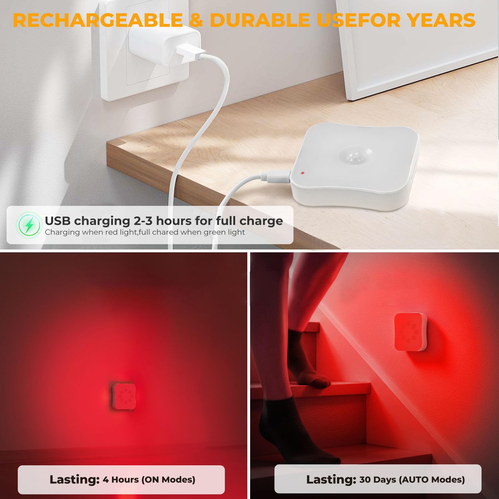 Lot de 4 veilleuses à lumière rouge avec détecteur de mouvement, lumière rouge rechargeable 670 nm pour thérapie du sommeil, salle de bain, chambre, escalier, couloir, voyage, chambre