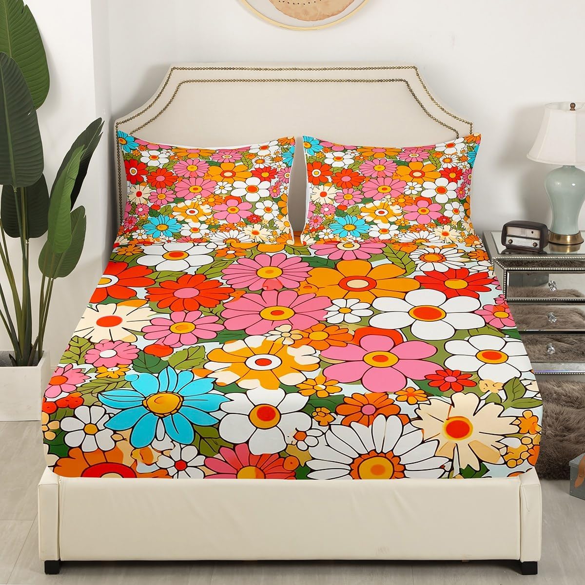 Feelyou Groovy Flower Sheets with Deep Pocket Fitted Sheet 60S 70S 80S Hippie Flowers Bohemian Sheet Set Retro Floral Boho Bed Sheets Set for Kids Microfiber Bedding Set Room Decor King Size