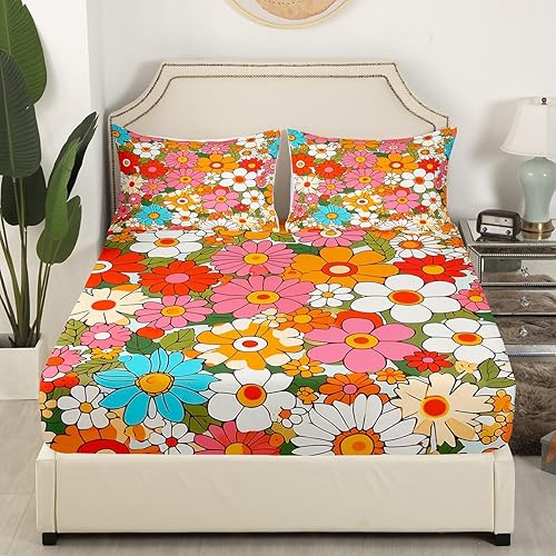 Miniatura 3 de Feelyou Sábanas de Flores Groovy con Bolsillo Profundo Sábana Bajera Ajustable 60S 70S 80S Flores Hippie Bohemias Juego de Sábanas Retro Floral Boho