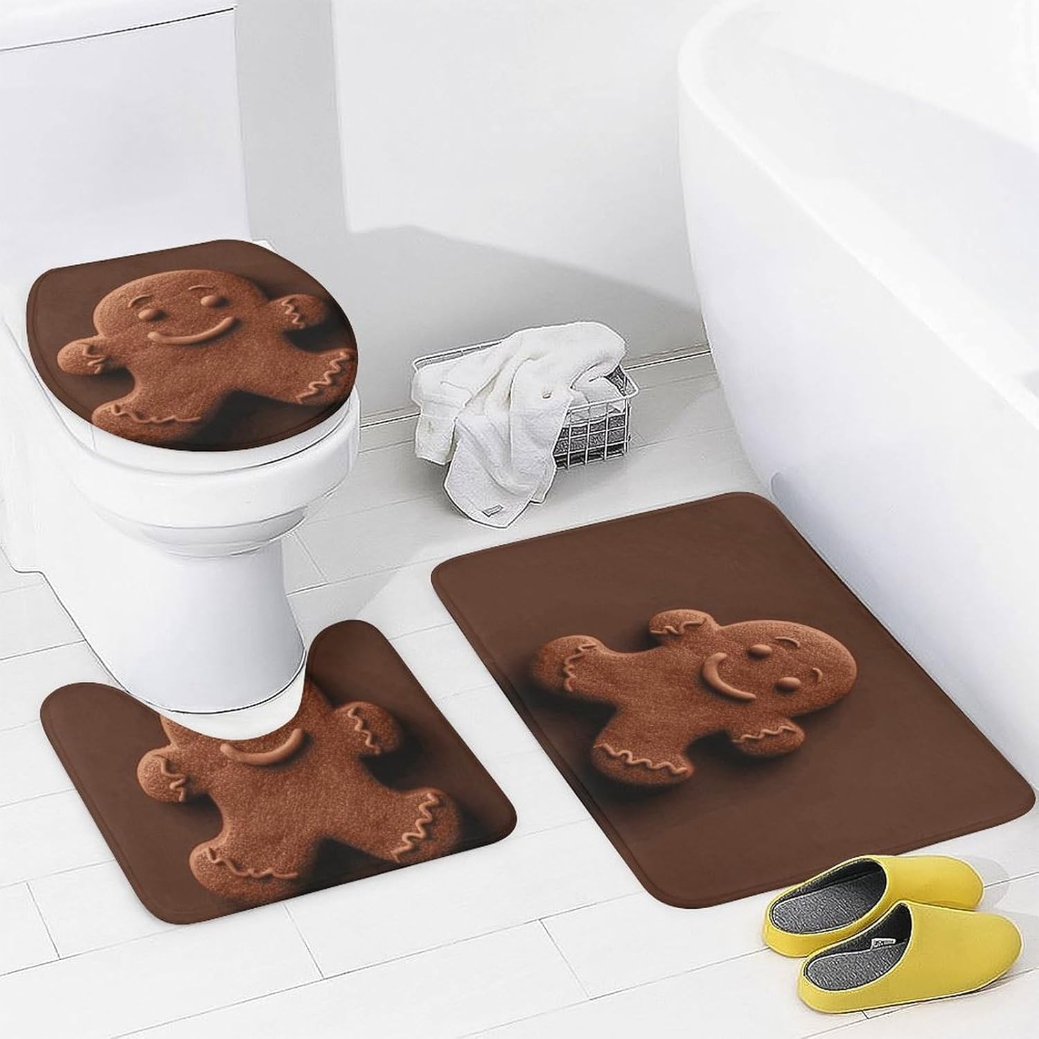 Gingerbread Head Shower Curtains Set 4 Piece with Non-Slip Rugs, Toilet Lid Cover and Bath Mat Soft Bathroom Carpet Waterproof Bathroom Curtain with 12 Hooks for Bathroom Decor