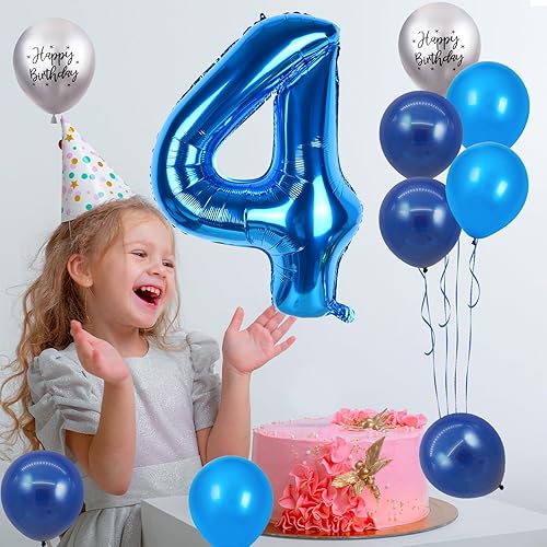 Miniatura 5 de Globo azul de 40 pulgadas con el número 4, globos de 4 cumpleaños, 11 globos plateados con impresión de cumpleaños, globos de látex azul claro