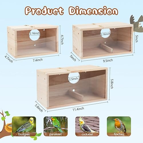Miniatura 2 de GINDOOR Caja de anidación de periquito transparente para pájaros, caja de cría de madera natural para loros, periquitos, cacatúas, amantes, budgie