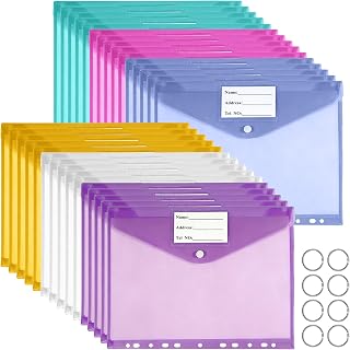 30 bolsas para documentos con cierre de presión, 6 colores, con botón de presión y bolsillo para etiquetas, coloridas, resistentes al agua, organizador de documentos con 11 orificios, carpeta