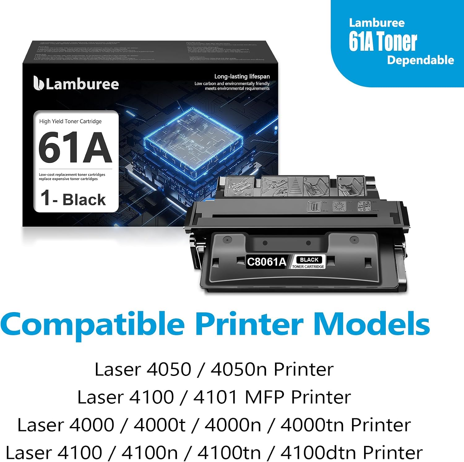 61A C8061A Black Toner Cartridge 1 Pack with Chip Compatible Replacement for HP 61A C8061A 61X C8061X Laser 4000 4000t 4000n 4000tn 4050 4050n 4100 4100n 4100tn 4100dtn 4100 MFP 4101 MFP Printer Ink
