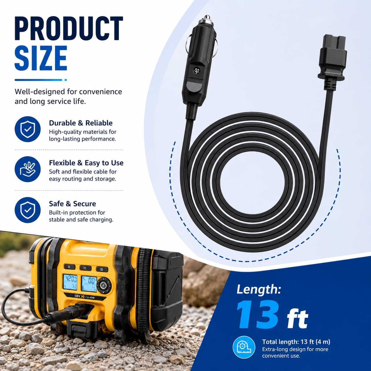 13FT N506585 12V DC Power Cord Compatible with DEWALT DCC020IB Tire Inflator, Replacement Car Cigarette Lighter Cable for Air Compressor Inflator, Cord Only