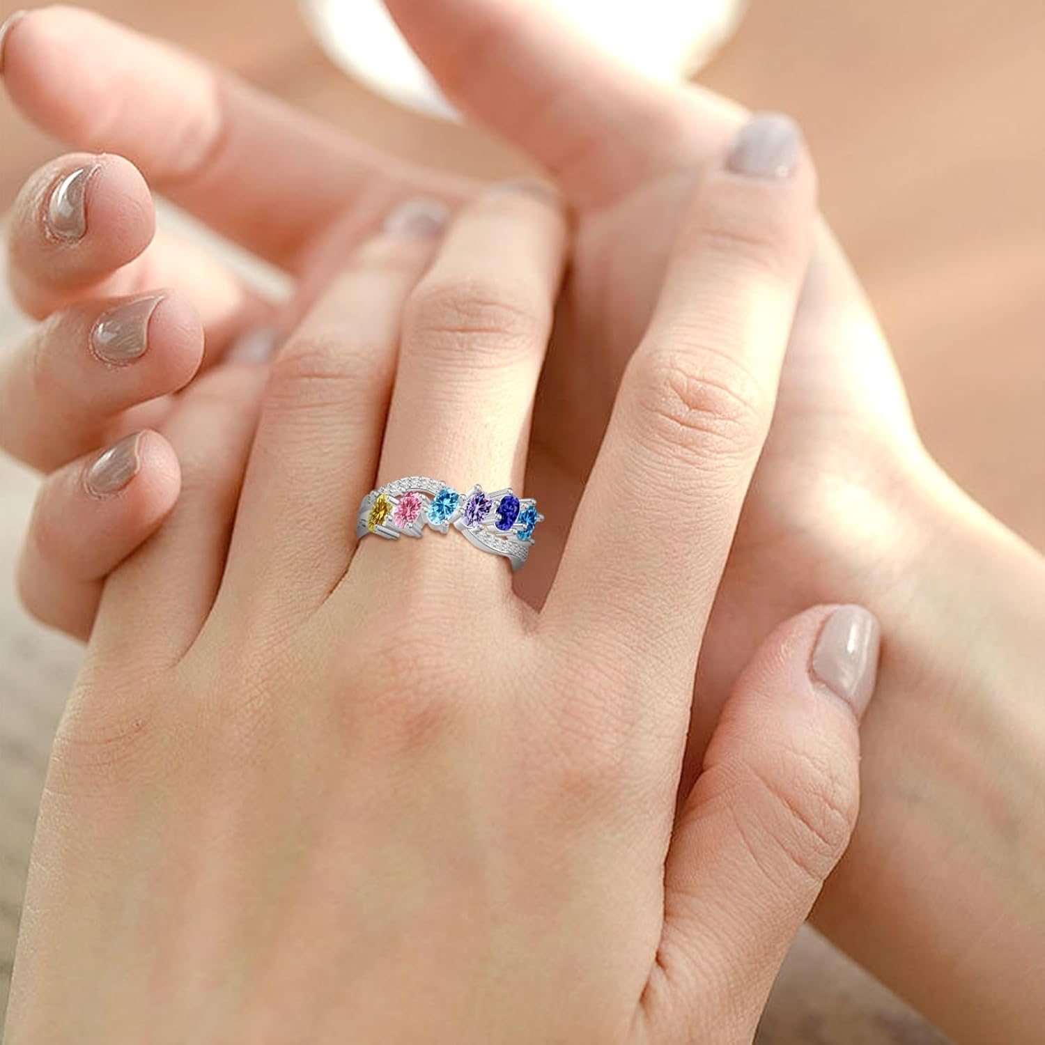 Personalized Infinity Birthstone Ring for Women, 925 Sterling Silver Custom Mothers Ring with 1–6 Birthstones and Engraved Name, Jewelry Gift for Mother’s Day Birthday