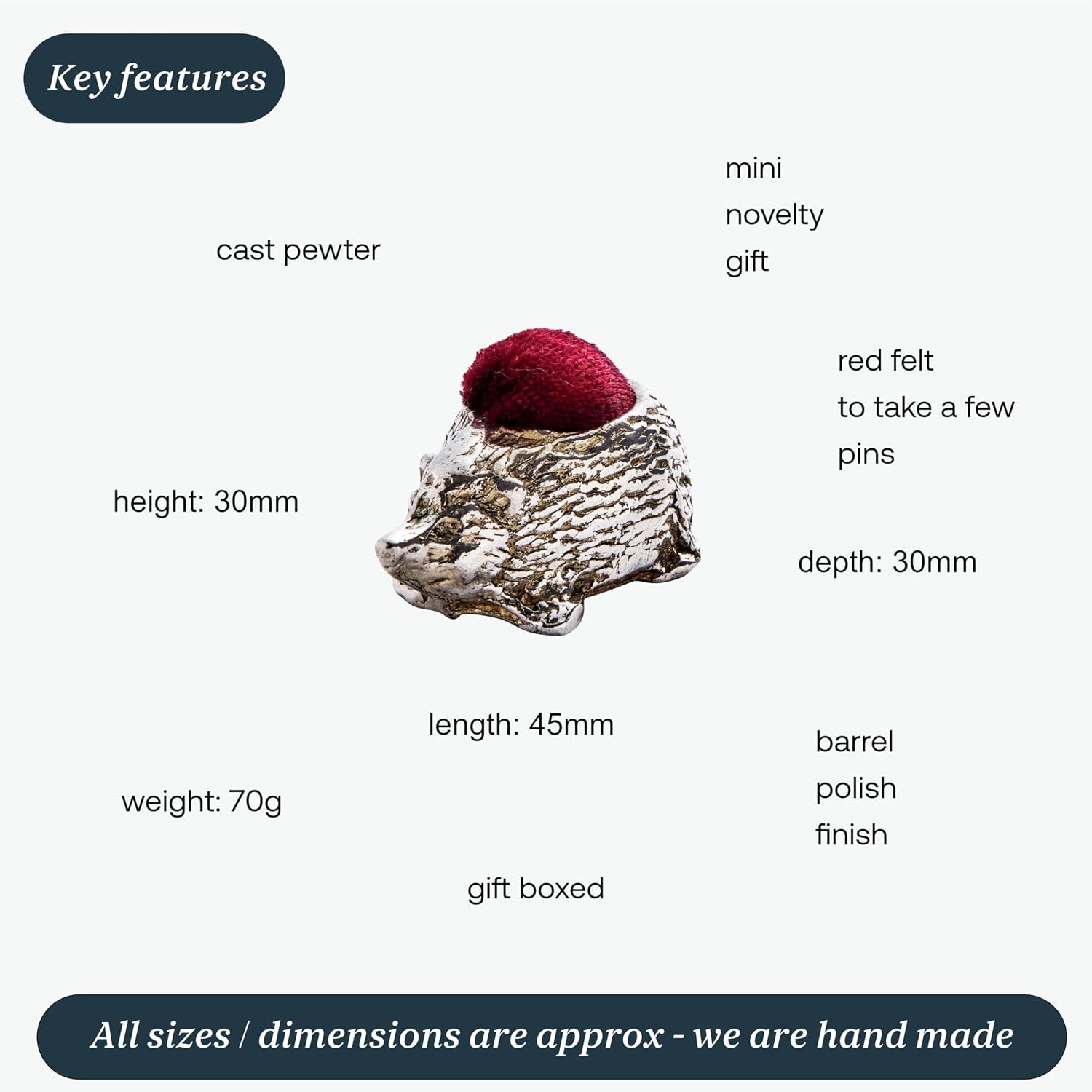 Wentworth Pewter - Hedgehog Pewter Pincushion - 40mm x 25mm x 20mm