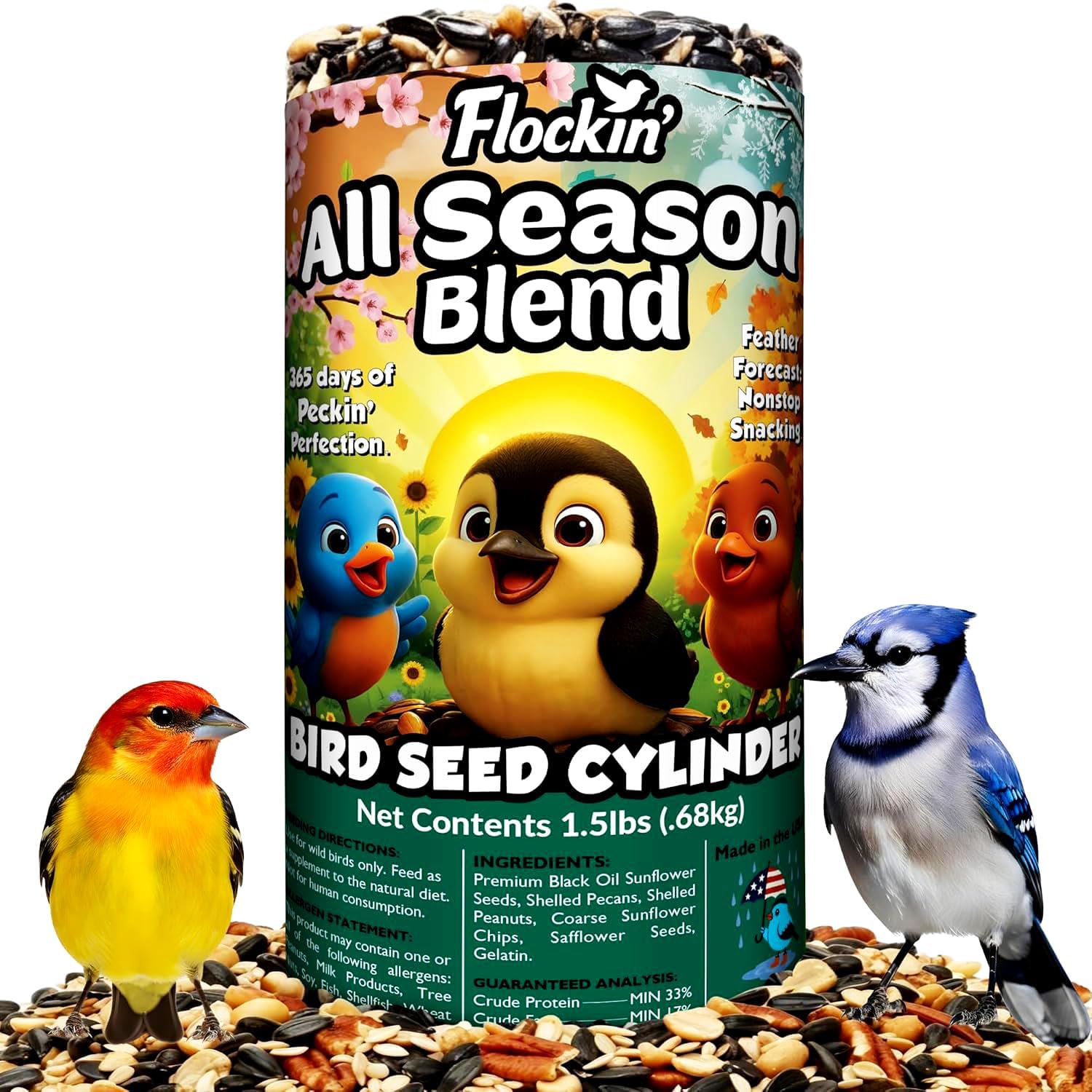 All Year Round Bird Seed Cylinders with Hole – All Season Wild Bird Food for Blue Jays, Cardinals, Doves, Finches & More – Balanced High Energy All Natural Blend, No Fillers – USA Made (6" x 7.75")