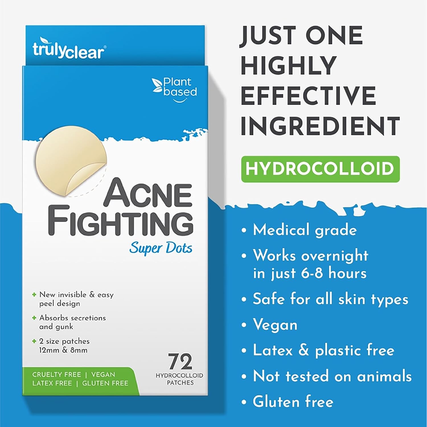 Truly Clear Hydrocolloid Acne Patches for Face & Body - 72 Count | Pimple Stickers for Breakouts, Zits, Blemishes & Imperfections | Cruelty-Free Cover Dots for Overnight Results