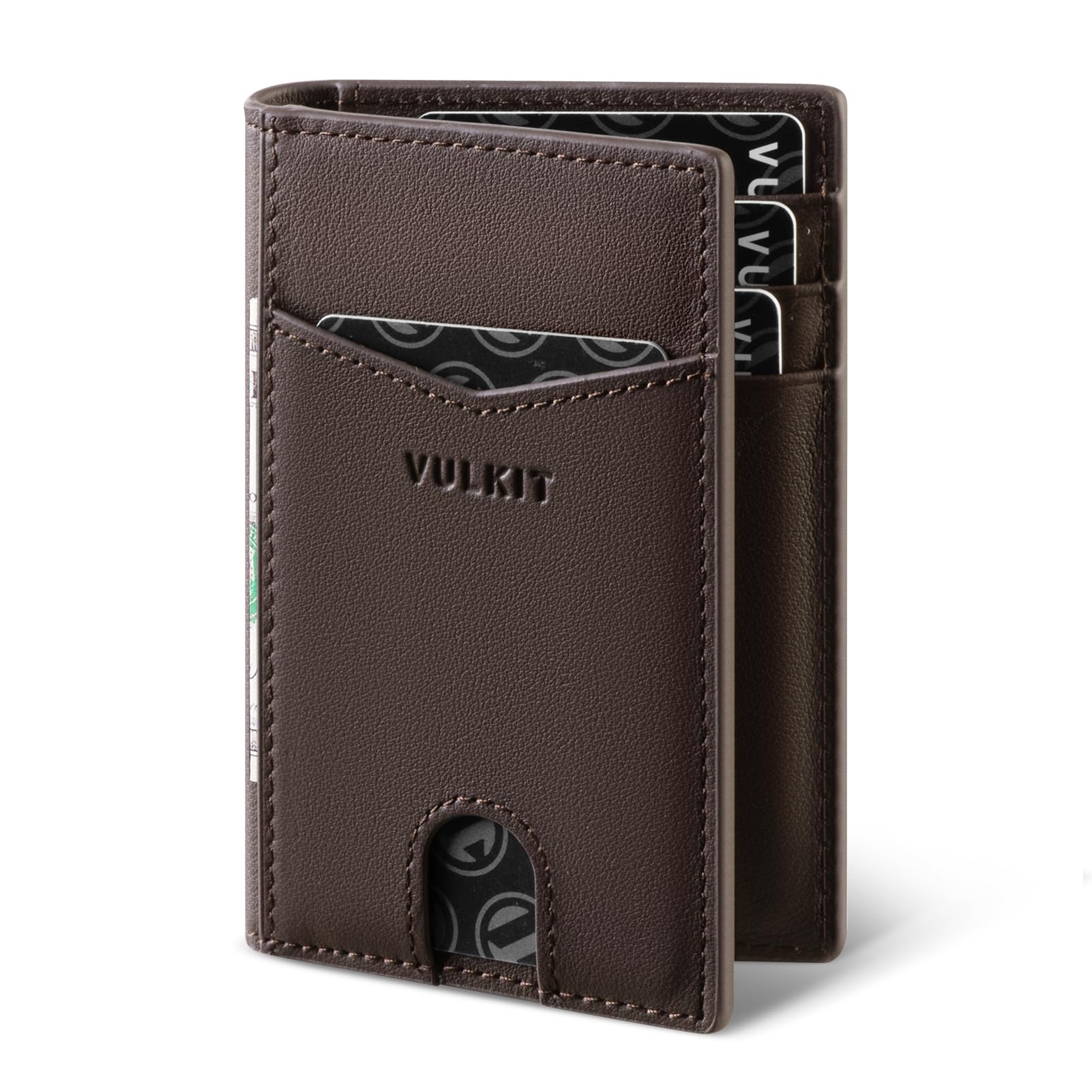 VULKIT Bifold Front Pocket Slim Wallet RFID Blocking Minimalist Thin Genuine Leather Credit Card Holder Wallet for Men and Women Nappa Espresso