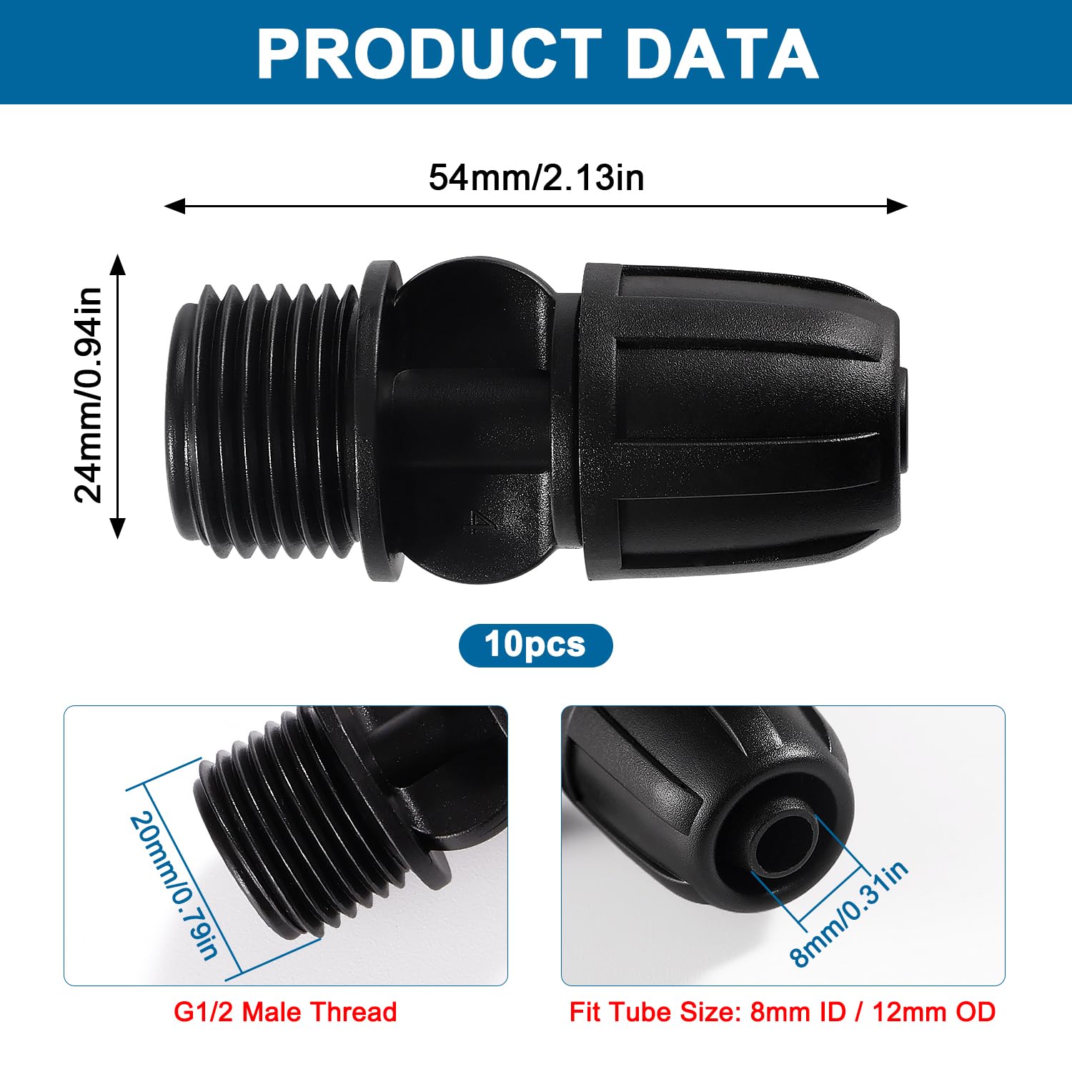 VooGenzek 10 PCS G1/2 Male Thread To 8/12 mm Drip Irrigation Fittings, Lock Barbed Connector, Drip Irrigation Hose Connector - Image 2