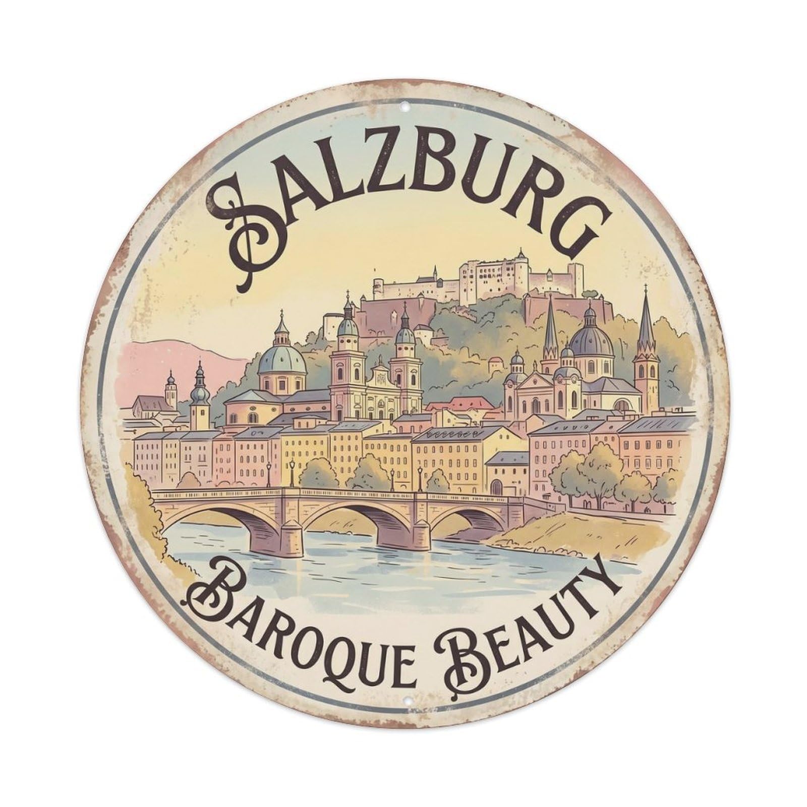 Vintage Travel Salzburg Austria Baroque Metal Tin Sign Plaque Wall Decor for Cafe, Club, Garden Round Metal Poster 8x8Inch
