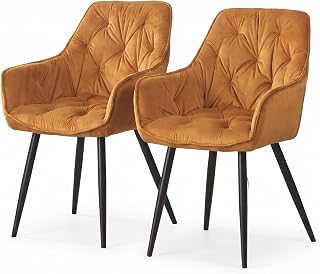 Set of 2 Velvet Dining Chairs Arm Chair Mustard Yellow Color Tufted Padded Seat with Tapered Black Metal Legs Elegant Accent Chair for Home Commercial Place Office
