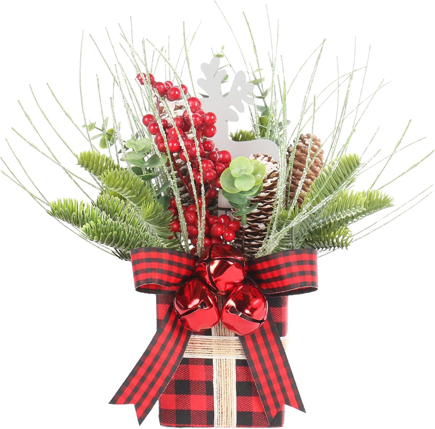 Super Holiday Small Winter Buffalo Check Plaid Christmas Tree, Artificial Mini Tabletop Christmas Tree Decorations with Small Bell, for Home Holiday Indoor Party Xmas Decor - Red/Black. Red/Black-square