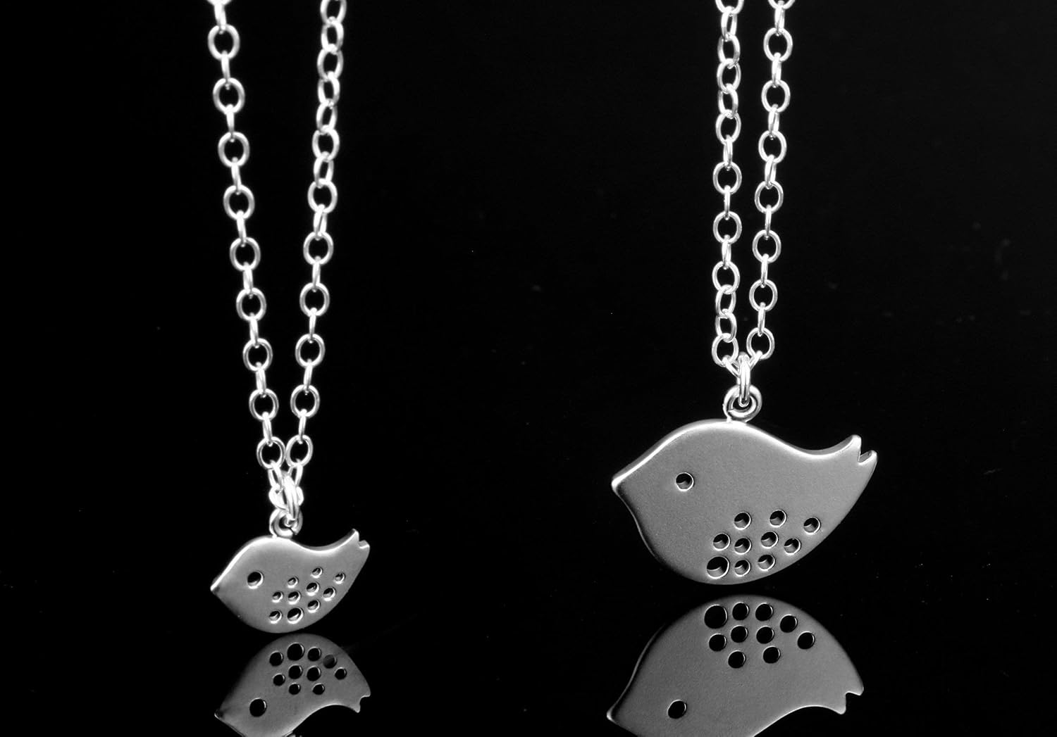 Mom and Daughter Necklace Set, Minimal Silver Spotted Bird Charms, Mother Gift Idea