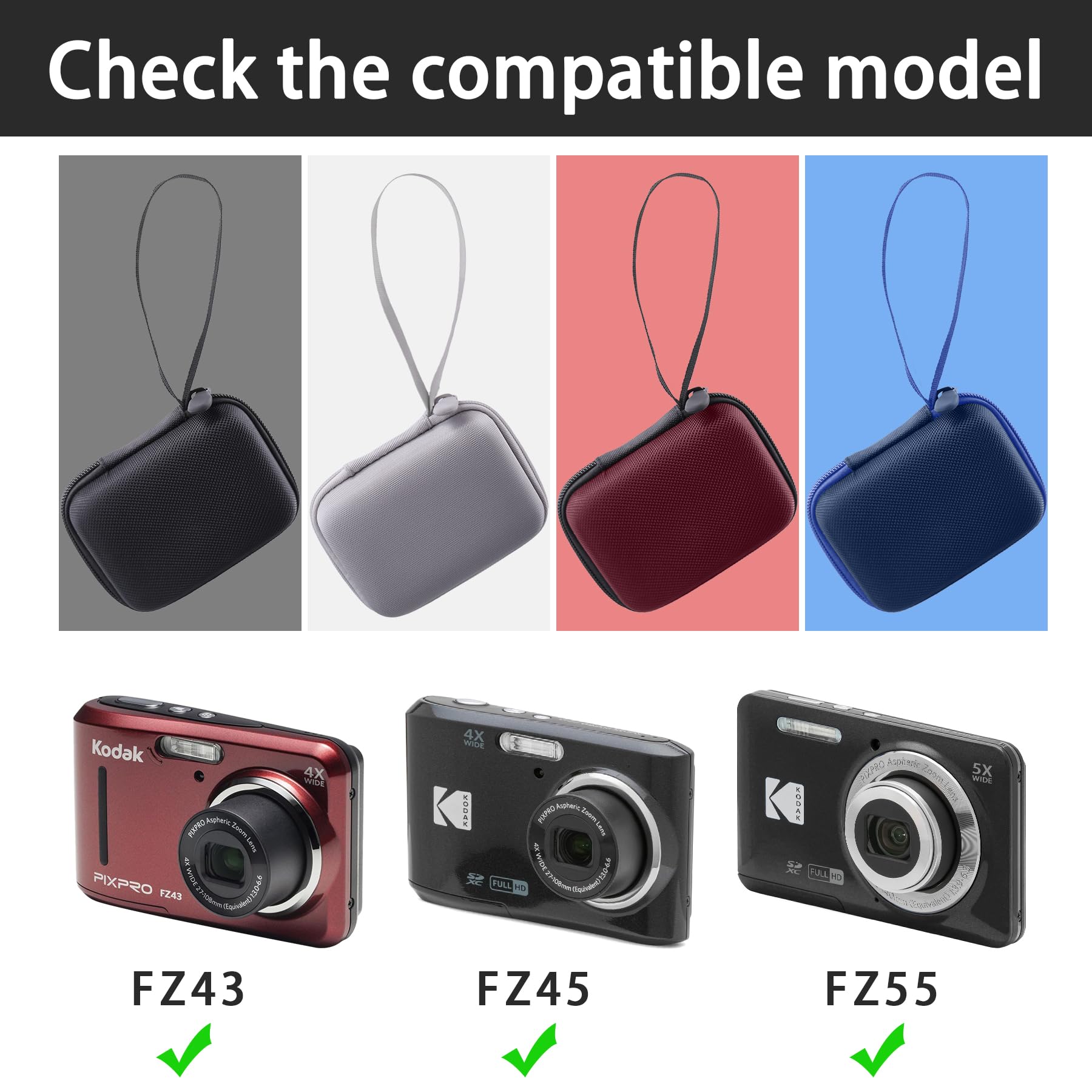 Khanka Do aparatu cyfrowego Kodak PIXPRO FZ55/FZ45/FZ43 16MP Twardy futerał do noszenia z uchwytem i paskiem na szyję, tylko etui, Czerwona