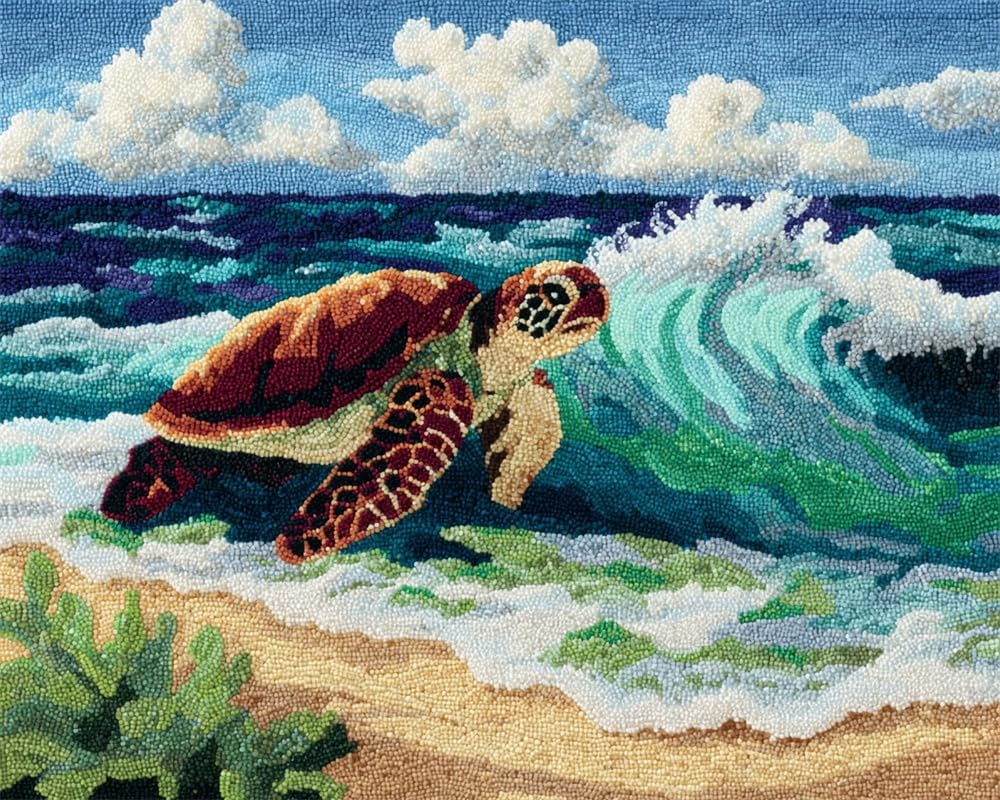 Kitquiver Latch Hook Rug Kits for Adults Seaside Turtle DIY with Printed Canvas Crochet Yarn Handmade Embroidery Crafts Crochet for Home Decoration 35X46In