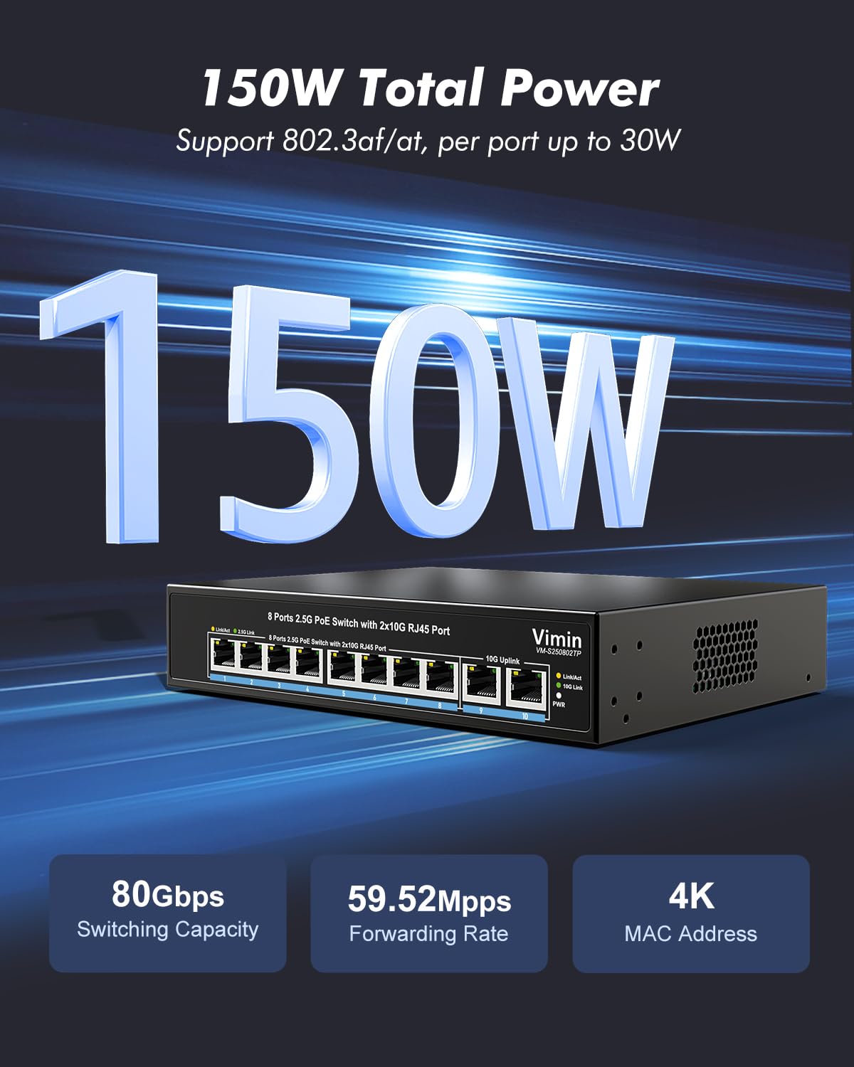 Switch PoE+8 Ports 2,5G | 2 x 10G Uplink RJ45 Commutateur | 2,5G Ethernet Switch Plug & Play Non Géré | IEEE 802.3af/at | PoE 150W pour Les Réseaux Haut Débit et Les Appareils PoE