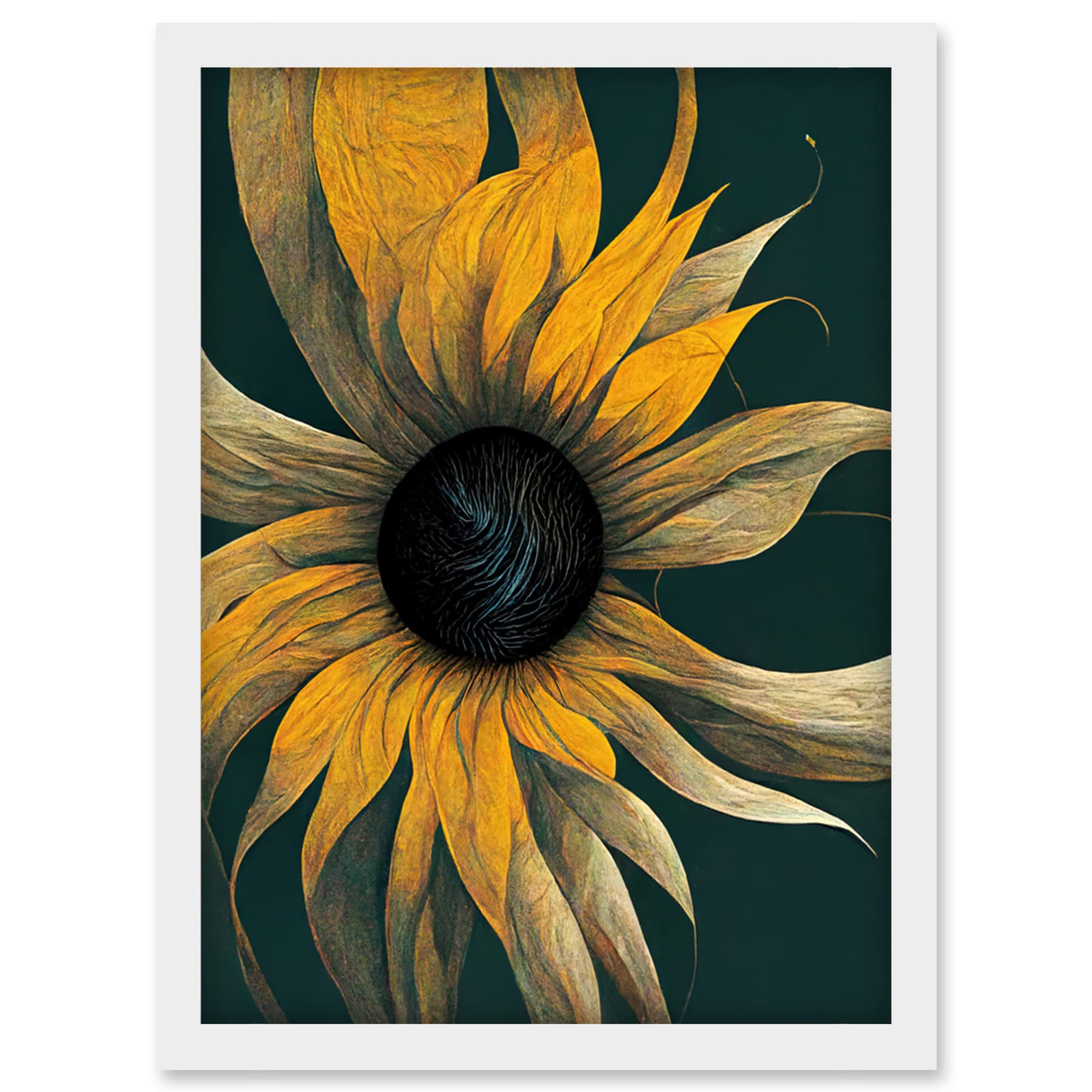 Abstract Modern Sunflower Artwork - Black Yellow Framed Wall Art Print A4 - Artery8
