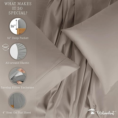 Miniatura 5 de URBANHUT Juego de sábanas de 1000 hilos tamaño matrimonial de 1000 hilos de 100 % algodón liso, sábanas de lujo para cama de tamaño matrimonial,