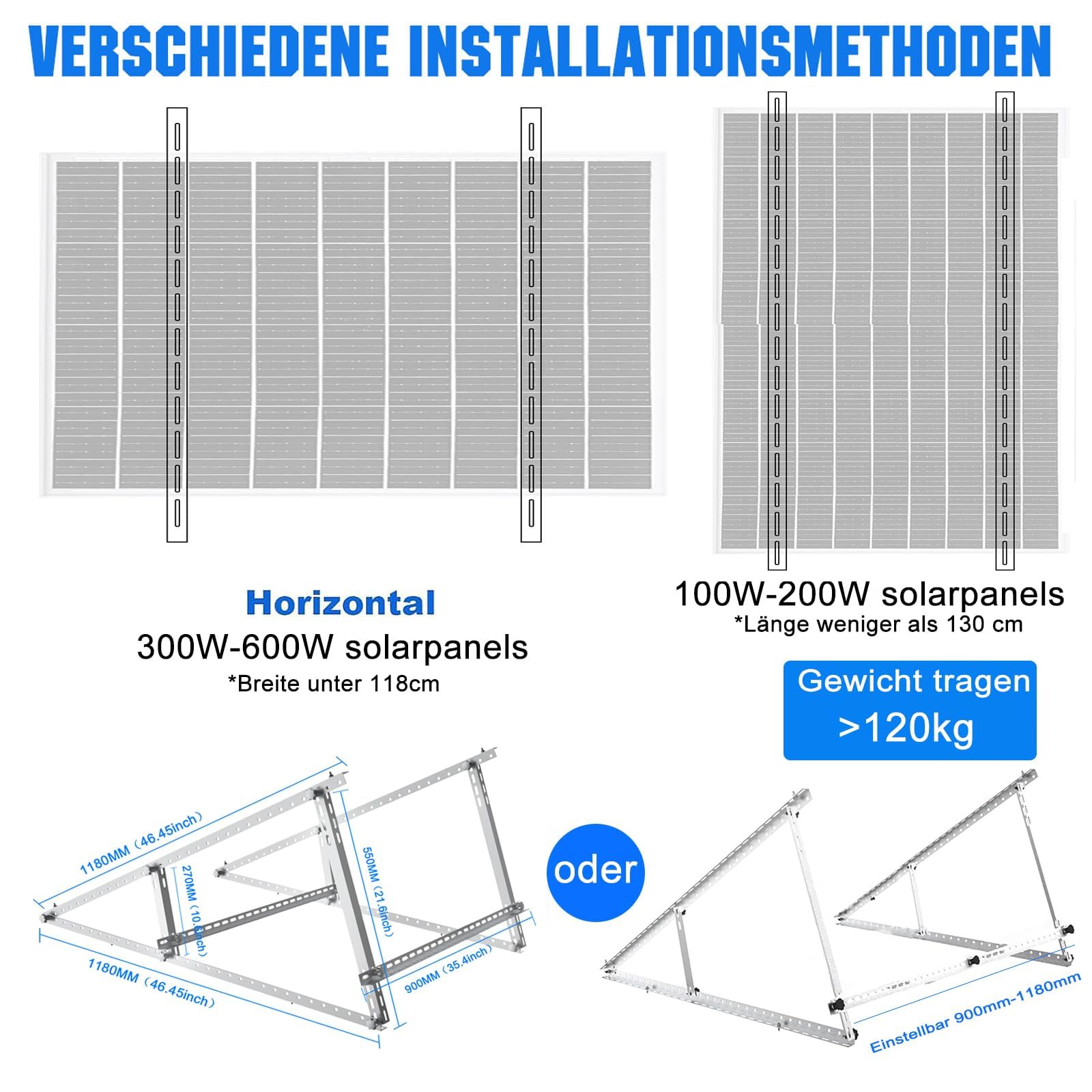 GLIESE Supporto per modulo solare, set di montaggio per modulo solare, elevazione 15°-30°, staffe fotovoltaiche, per camper, balcone fotovoltaico, tetto piano, montaggio a parete, 100W-600W (N118cm-(2