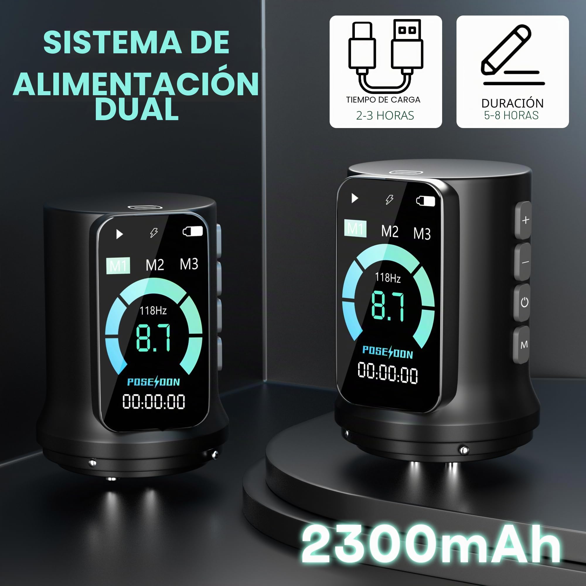 Kit de máquina de tatuaje inalámbrica POSEIDON con 7 ajustes de hub, dos baterías de 2300 mAh, modo normal/punteado y pantalla LED - Dispositivo de tatuaje inalámbrico profesional para principiantes