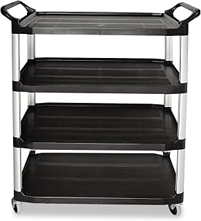 Rubbermaid Commercial Products Heavy Duty 4-Shelf Rolling Service/Utility/Push Cart, 300 lbs. Capacity, Platinum, for Foodservice/Restaurant/Cleaning
