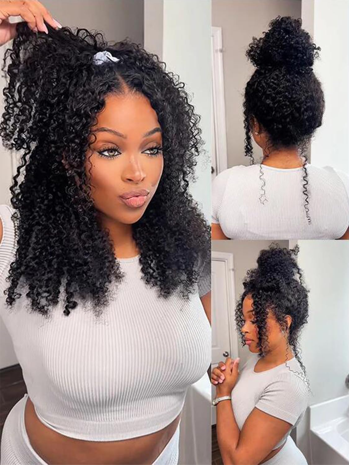 Hidden Strap Kinky Curly 360 Drawstring HD Full Lace Front Wigs Human Hair,220% Density Afro Kinky Curly 360 Frontal Glueless Wig Human Hair,Invisible Strap Pre Cut Can Make Pontail&Bun 22 Inch