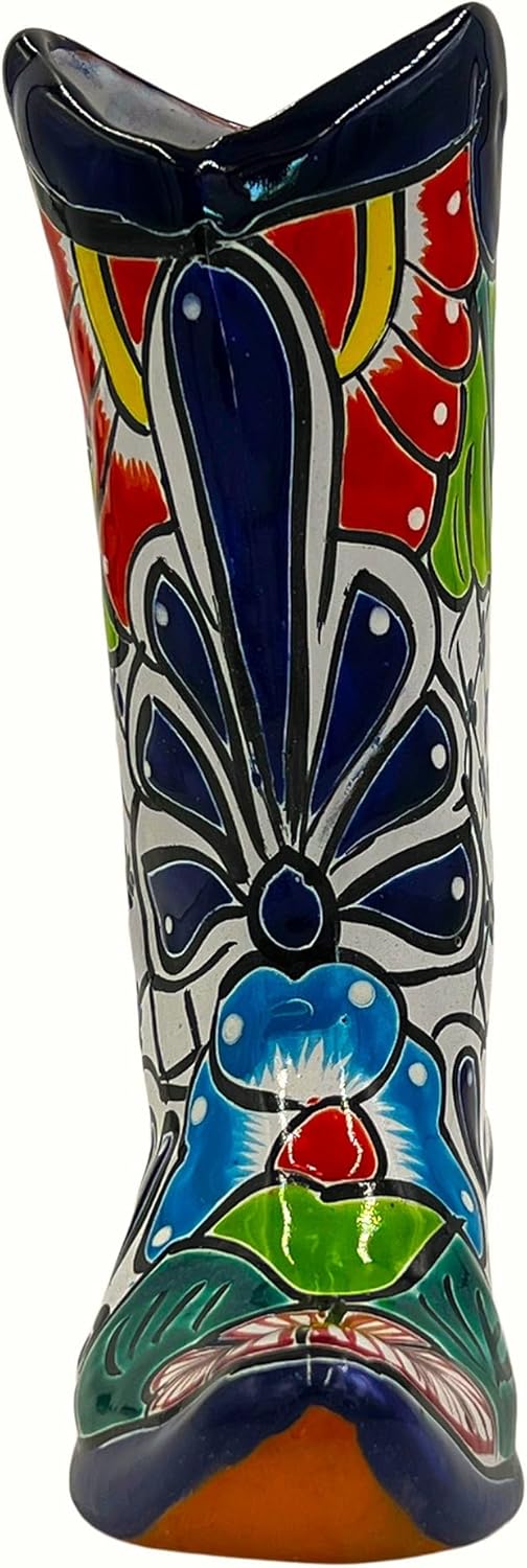 Cactus Canyon Ceramics Cowboy Boot Mexican Talavera Planter Pot (9.5" D x 4" W x 11" H) Hand Painted - Dark Blue Trim - Mexican Home Decor