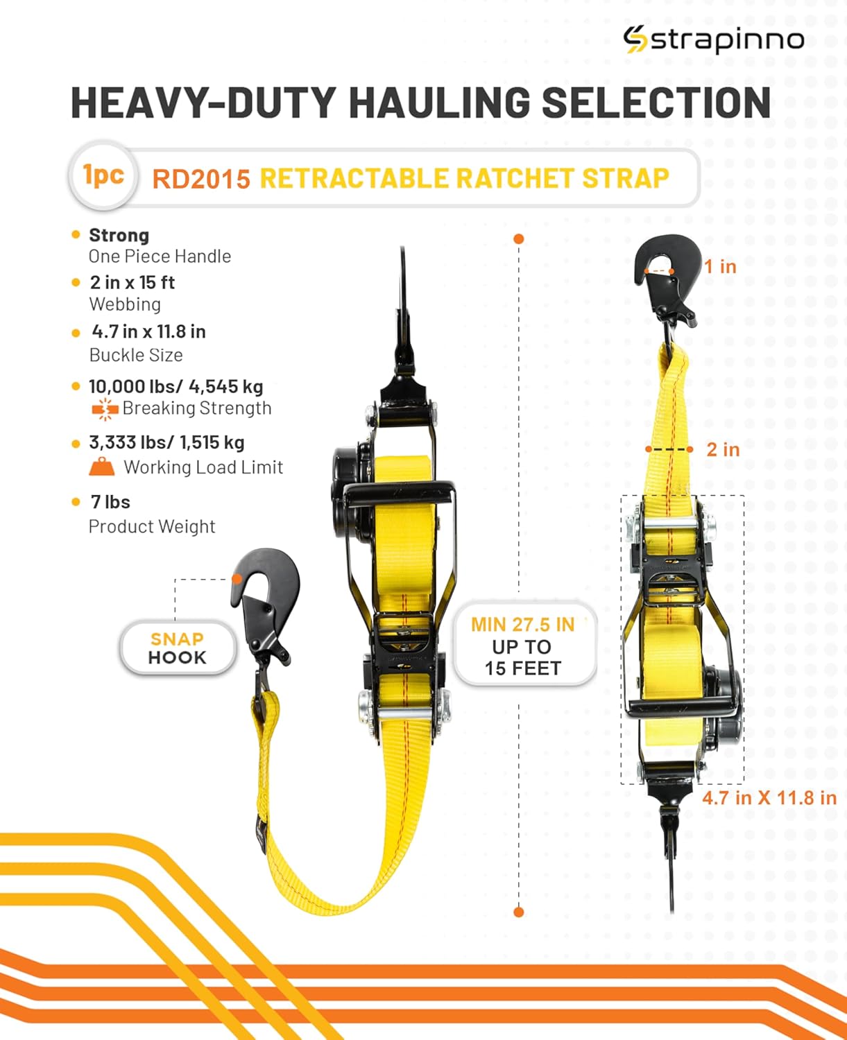 Strapinno Retractable Ratchet Tie-Down Strap, 2in x 15ft Heavy-Duty with Snap Hooks,10,000lbs Breaking Strength & 3,333lbs Working Load Limit, Comes with a 36-Inch Axle Strap (Direct Hook 1PC) - Image 3