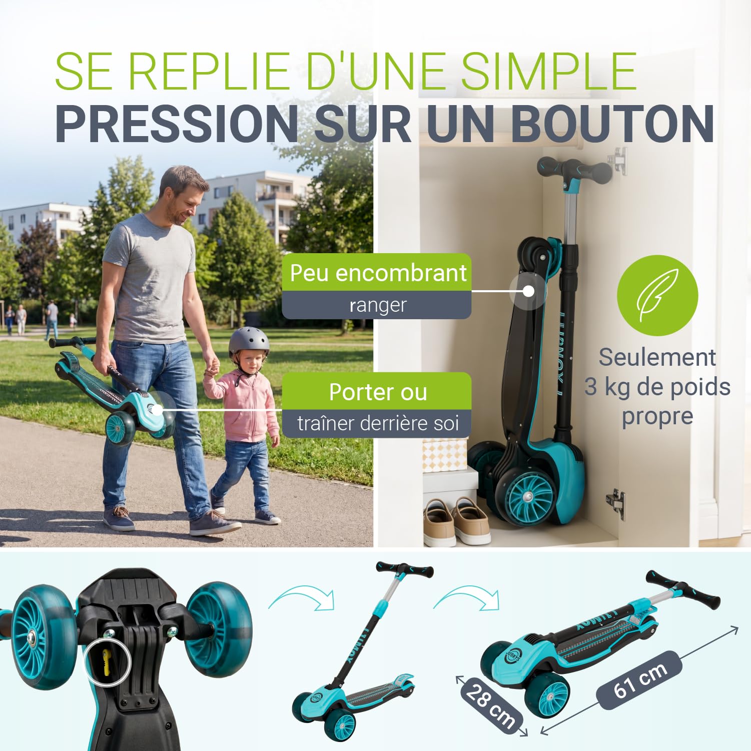 JUSKYS® Trottinette Enfant Lumox - Noir/Rose/Bleu, Roues LED sans Batterie, Guidon réglable 70-81 cm, Pliable avec Suspension et Frein arrière